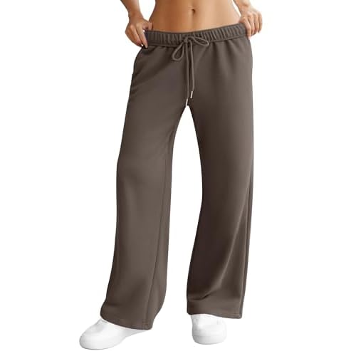Womens Wide Leg Sweatpants Interior Drawstring Baggy Sweat Pants with Pockets Elastic Waisted Lounge Casual Trousers Coffee X-Small