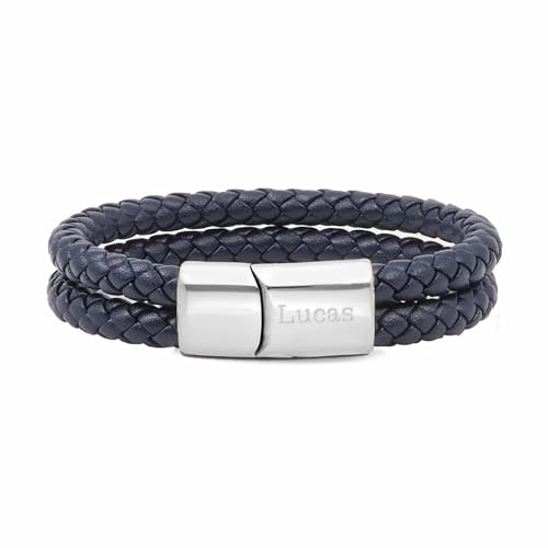 Bracelet homme cuir bleu tressé double tour avec boucle argentée élégante