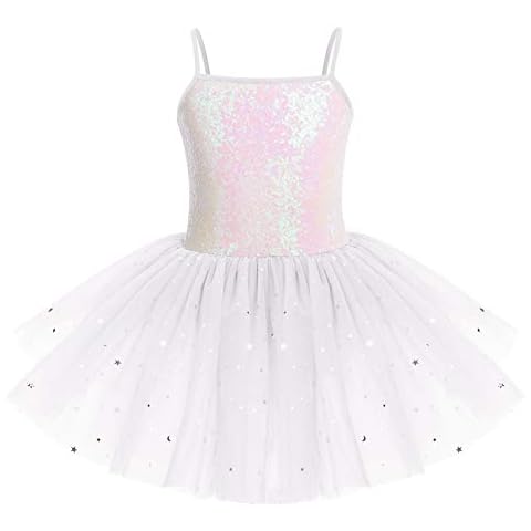 Kinder Mädchen Ballettkleidung Ärmellos Spaghettiträger Pailletten Tanzbody Balletttrikot Balettkleider Turnanzug Tanzkleid Gymnastikanzug Ballettanzug Tüll Tütü Ballerina kleider Weiß 7-8 Jahre Cover