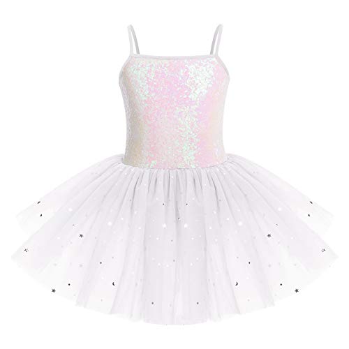 IWEMEK Kinder Ballettkleidung Mädchen Ballettkleid Ärmellos Pailletten Balletttrikot Ballettanzug Tanzkleid Tanzbody mit Tütü Rock Ballettrock Gymnastik Tanzbekleidung Weiß 7-8 Jahre