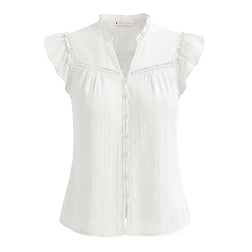 Belle Poque Womens Ruffle Sleeve Cotton Shirts V Neck Button Down Lace Crochet Blouses Spring Summer Dressy Casual Tops 2026 White L