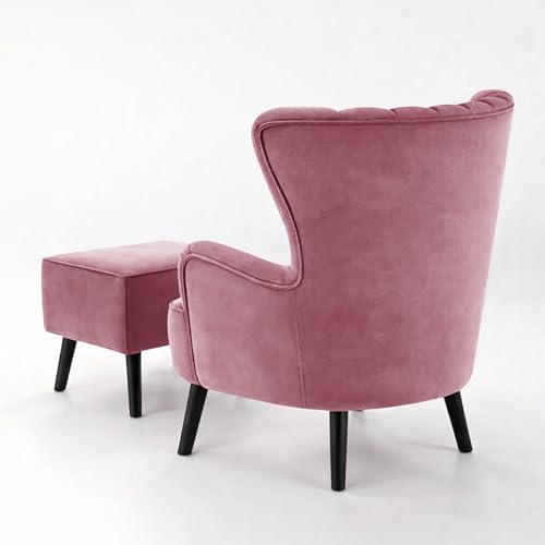 Image of Rosebell Velvet Accent Chair with Ottoman - Modern Upholstered Lounge Chair with High Back, Tufted Design & Comfortable Reading Chair for Living Room, Bedroom, Office-Rose Pink