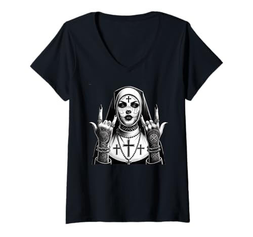 Mujer Gótico Estética Oculto Profano Grunge Emo Punk Satánico Monja Camiseta Cuello V