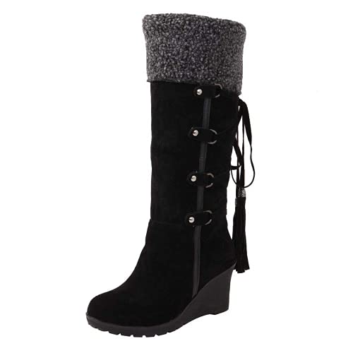 YIFUN Women Knee High Snow Boots Warm Plus Velvet Bandage Tassel Boots Flat Wedge High Boot Snow Shoes Black