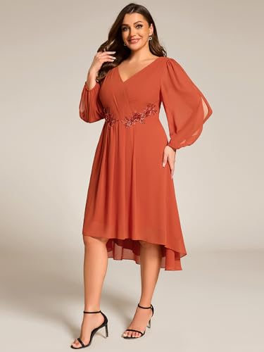 Ever-Pretty Plus Women's Trendy V Neck Hollow Out Long Sleeves Chiffon Applique Plus Size Midi Semi Formal Dresses 02926-DA3