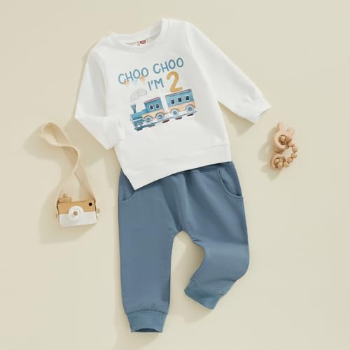 RUIWANBBY Toddler Baby Boy 2nd Birthday Clothes Outfit Choo Choo I'm Two Train Sweatshirt Long Sleeve T-Shirt Pants Set (White, 2-3T) - Image 4