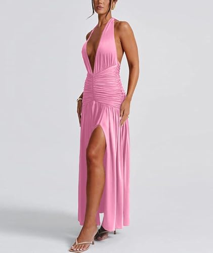 Image of Ekaliy Women's Sexy Halter Deep V Neck Maxi Dress Sleeveless Backless High Slit Ruched Long Dress Summer Party Cocktail Dress