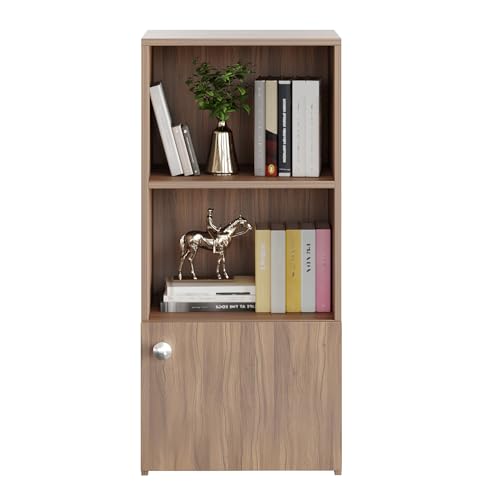 Image of FURNEASER Vivid Wooden Bookshelf Cabinet with Door & Open Shelves | Modern Bookcase Storage Organizer for Living Room, Bedroom & Office | Engineered Wood - DIY (Exotic Teak)