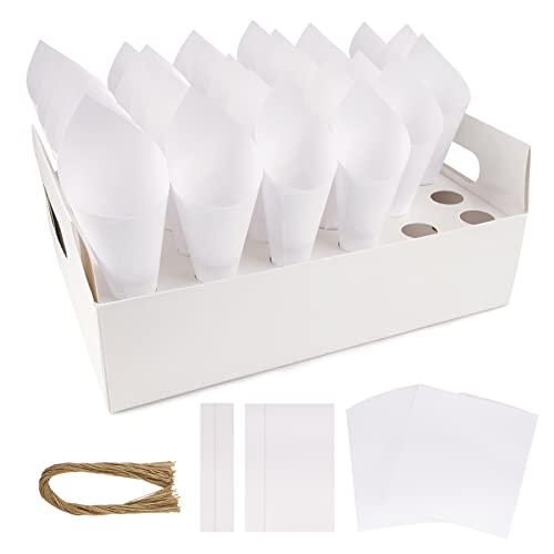 BOFUNX 50pcs Conos de Cartulinas de Papel+1pc Caja Soporte con Asa Artículos Recuerdos para Confeti Petalos Caramelos Arroz Flores para Decoración Boda Fiesta Ceremonia Bautismo