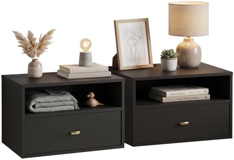 Prepac Floating Shelf Side Table with Drawer and Brushed Brass Kn...