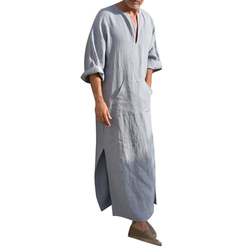 Hombres Caftán de manga larga con bolsillos ajuste universal, vestidos musulmanes tradicionales musulmanes caftán, vestido maxi étnico Ramadán batas Taiji, ropa larga de oración para hombres, 02 Gris