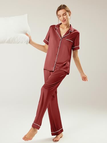 Image of AW BRIDAL Womens Satin Pajama Set Soft Short Sleeve Silk Pajamas Button Down Loungewear Sleepwear Two Piece Pj Sets, S-XL