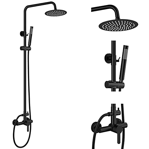 Aolemi Matte Black Outdoor Shower Faucet SUS304 Shower Fixture Combo Set Stainless Steel 8 inch Rainfall Shower Head Kit Single Handle High Pressure Hand Spray Wall Mount 2 Dual Function Single Handle
