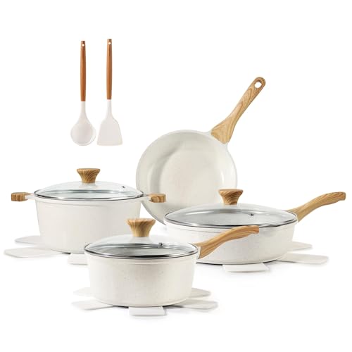 SENSARTE Nonstick Ceramic Cookware Set 13-Piece Healthy Pots and Pans Set Non-toxic Kitchen Cooking Set with Stay-Cool Handles Silicone Tools and Pot Protectors PFAS and PFOA Free