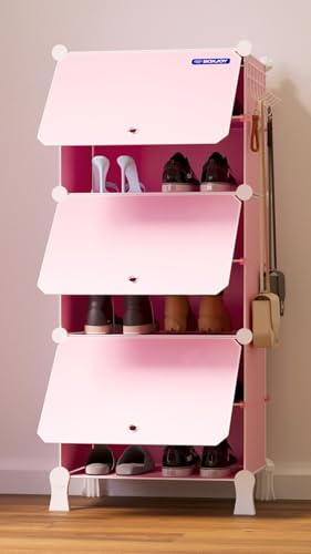 Image of BOXJOY 6 Shelf Shoe Rack with 3 Doors, Magnets, 5 Hook Steel Holder & Wooden Hammer for Home Storage PP Plastic Organizer with Metal Door Frame to Cover Chappal Slipper Sandals Shoes Box Stand (Pink)