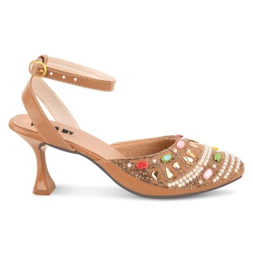 Image of Women's Embellished Pearl and Crystal Kitten Heel Sandals, Mint Green, Ankle Strap, Pointed