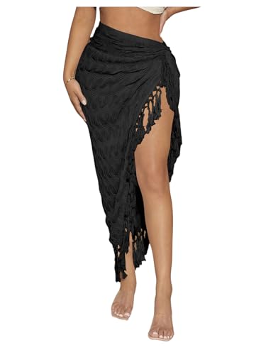 Verdusa Women's Twist High Split Fringe Skirt High Waist Asymmetrical Long Skirt