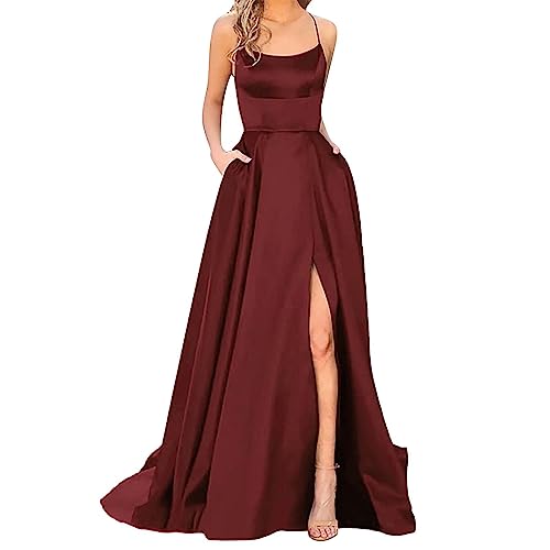 Robe de bal longue en satin fendue avec poches pour libérer vos mouvements en soirée