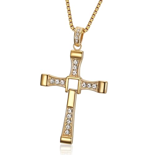 Akascord Cross Necklace for Men Cross Pendant Necklace Stainless Steel Chains Sterling Silver Necklace Mens Cross Chain Jewelry Link Chain for Boys Fast and Furious (Dominic Torettos Cross Gold)
