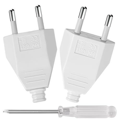 AXFEE Clavija Enchufe Macho Plano, 2 Piezas 250V 2.5A Enchufe Europeo Plano Clavija Plana, Enchu-fe Pla-no Clavija Ench-ufe Macho Bipolar, con Destornillador, para Cable de Alimentación, Blanco