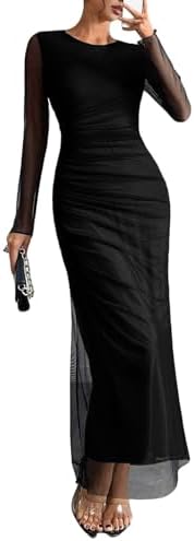 Women's Long Sleeves Maxi Bodycon Dress Tie Dye Ruched Mesh Layer...