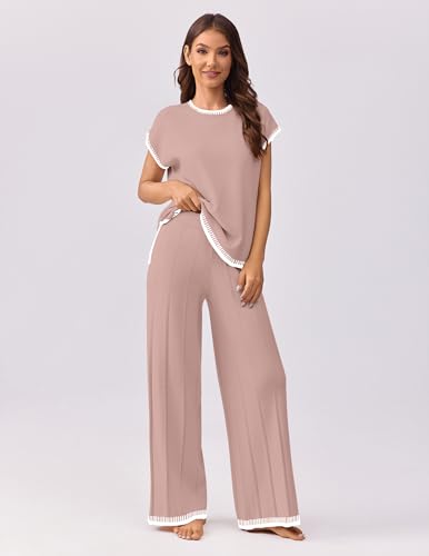 Image of Ekouaer Womens Matching Sets Knit Sweater Sets 2 Pieces Outfits Pullover Tops Wide Legs Pants Lounge Set