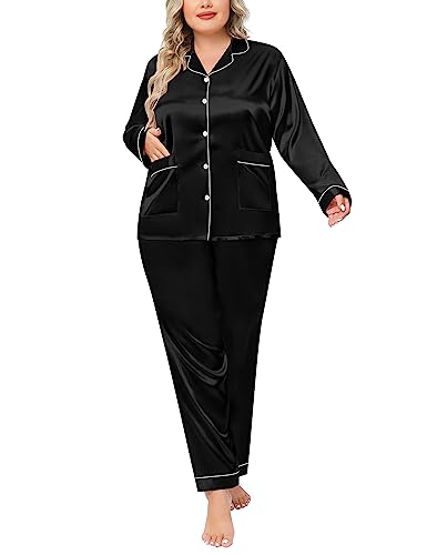 SWOMOG Women Plus Size Long Sleeve Pajamas Silk Satin Pajama Sets Button Down Sleepwear Pjs Loungewear with Pockets3