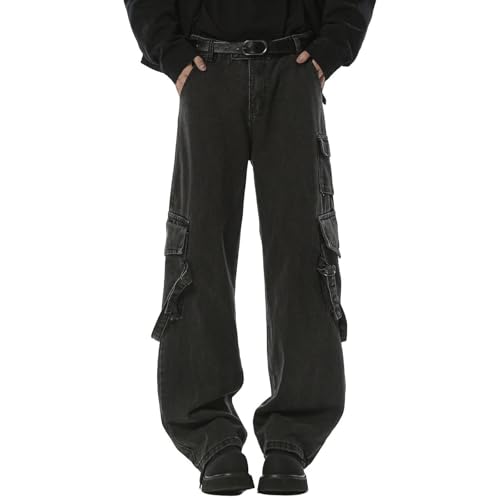 Men's Casual Baggy Jeans Loose Fit Straight Leg Mid-Rise Fashion Hip-Hop Cargo Denim Pants with Pockets