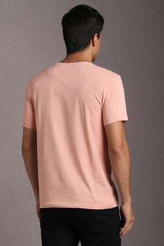 Image of Louis Philippe Men's Slim Fit Jersey Half Sleeve Crew Neck Tshirt with Stretch Graphic Print Brand Carrier on Chest