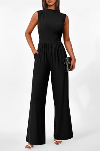 Image of PRETTYGARDEN Women's Summer Dressy Casual Jumpsuits | Cozy Ribbed Fabric, Sleeveless Mock Neck, Back Zipper, Pockets, Wide Leg Pants Rompers, Fashion Clothing, One Piece Outfits