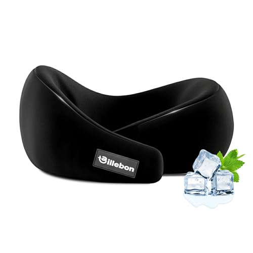 Image of Billebon Gel Infused Memory Foam Neck Pillow, Travel Pillow with Adjustable Velcro Straps, Neck Pillow for Travelling & Flight Travel, Ergonomic Support for Comfort & Pain Relief (Black)
