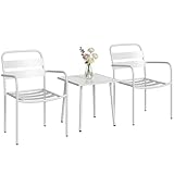 Outsunny Bistroset 3 teiliges Metall Gartenmöbel-Set mit 2 Gartenstühlen, Glastisch, Lamellen-Design, Rostbeständig Balkonmöbel-Set Sitzgruppe Gartengarnitur für Garten, Terrasse, Weiß