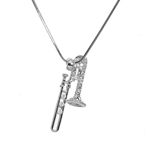 Spinningdaisy Perfect Crystal Trombone Musical Instrument Necklace (Silver) #TOP1