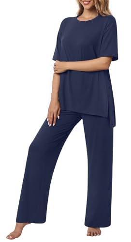Netsmile Womens Plus Size Lounge Sets 2 Piece Pajamas Set Short Sleeve Long Pants Ladies Pjs Comfy Loungewear Outfits with Pockets 4XL Navy Blue