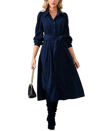 YEXPINE Damen-Midikleid aus Cord, langärmelig, Knopfleiste, Gürtel, fließendes Hemdkleid mit Taschen, Marineblau, Groß