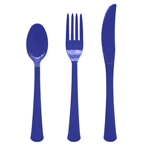 Party Essentials Extra Heavy Duty Hard Plastic Cutlery Combo Pack and Full Size Knives/Forks/Spoons, Royal Blue, 8 Place Setting-Count