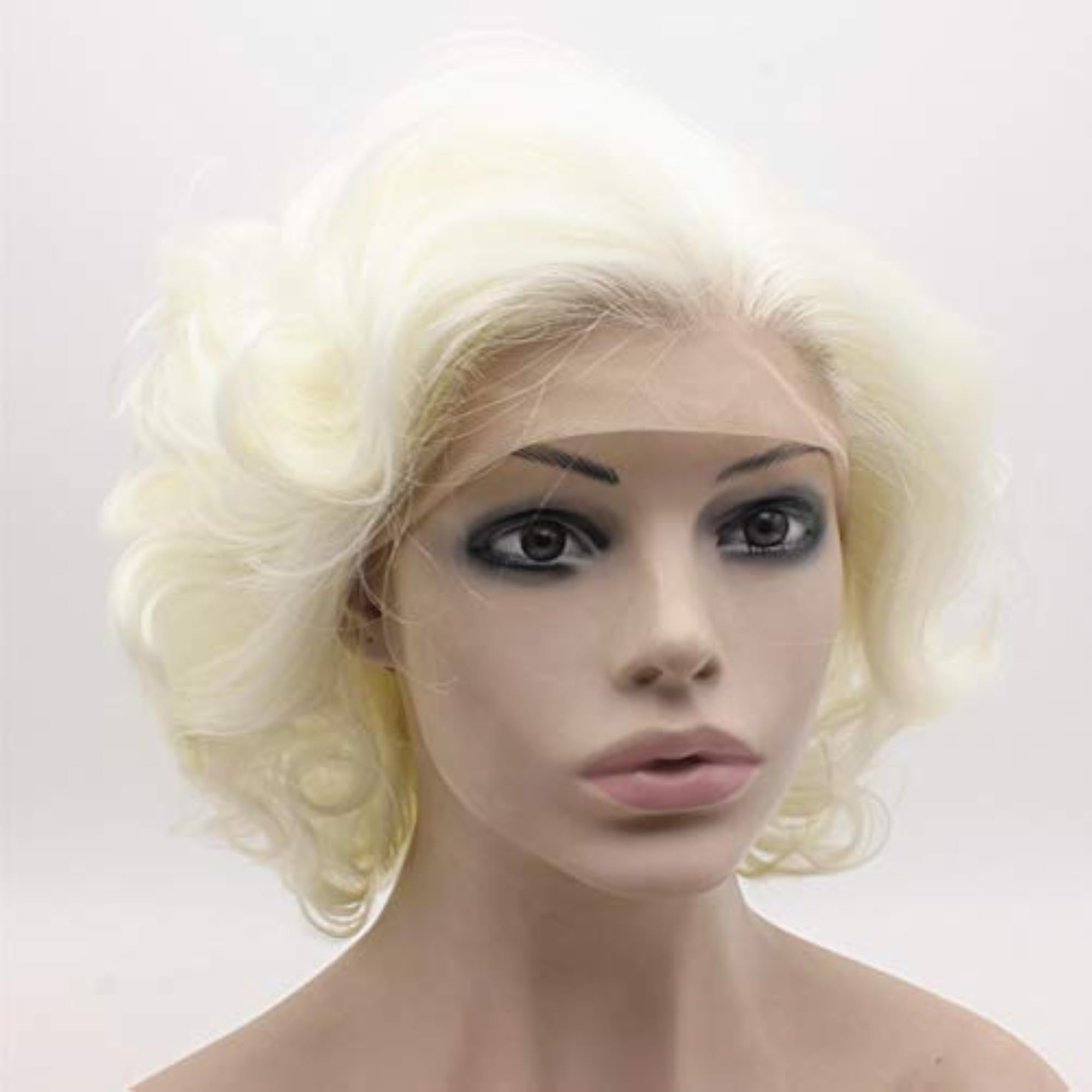 Mxangel Short Curly Wavy Lace Front Wig, White Blonde