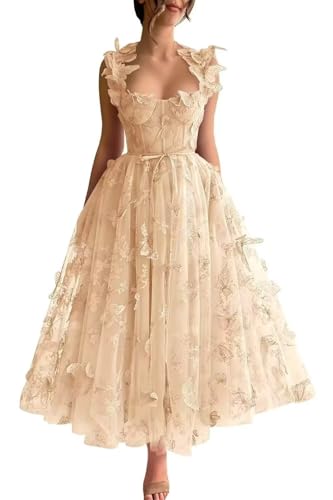 3D Butterfly Tulle Formal Dress for Teens 2025 Square Neck A Line Prom Evening Dresses for Women Champagne US 12