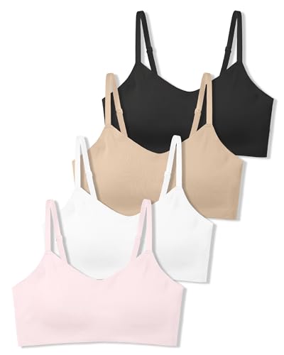 SALIA GIRL Training Bras for Girls with Soft Fixed Padding, Seamless Sports Girls Bras 10-12 Years Old, Adjustable Strap Design, Warm Beige/White/Pink/Black, M