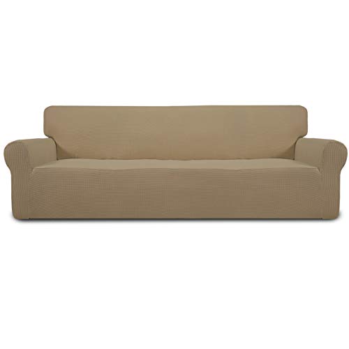 Image of Easy-Going Stretch 4 Seater Sofa Slipcover 1-Piece Sofa Cover Furniture Protector Couch Soft with Elastic Bottom for Kids, Polyester Spandex Jacquard Fabric Small Checks Tan