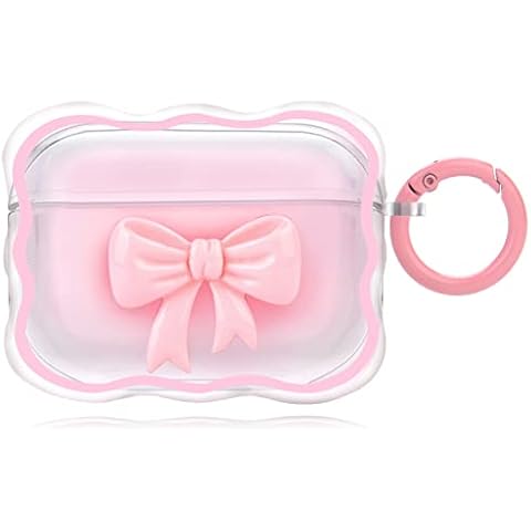 Cute AirPod Pro Case with Keychain Pink Bow Clear Gradient Design Wavy Border Protective Soft Cover Compatiable with AirPods Pro for Women and Girls Cover