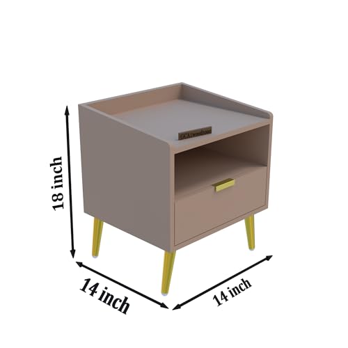 Image of Wooden Bedside Table for Bedroom | Wooden Bed Side Nightstand Lamp Table with 1 Drawers & Open Shelf Storage for Home & Hotels | Premium HDMR Wood & Iron Legs | Light Beige