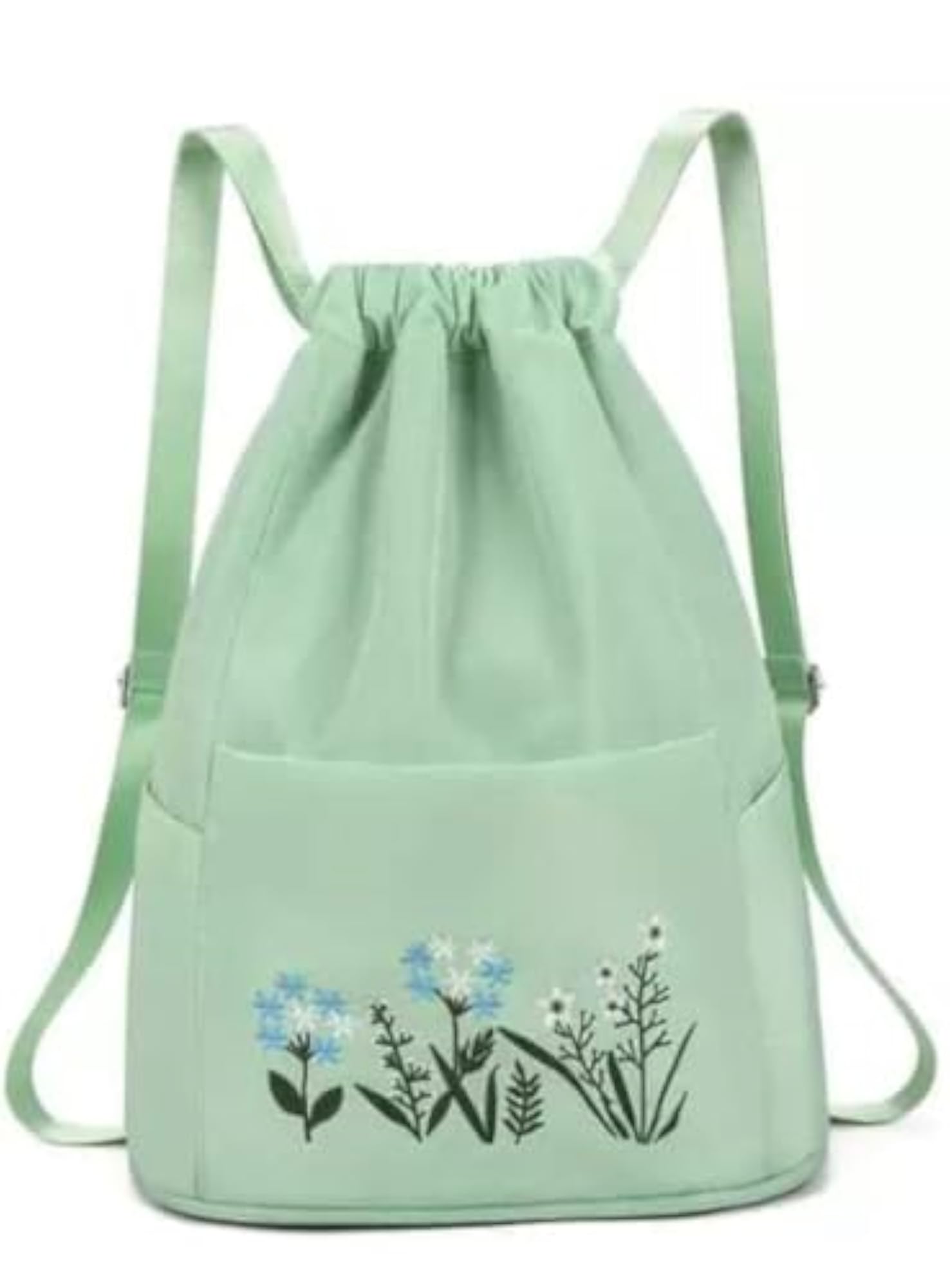 Floral Embroidered Foldable Drawstring Backpack