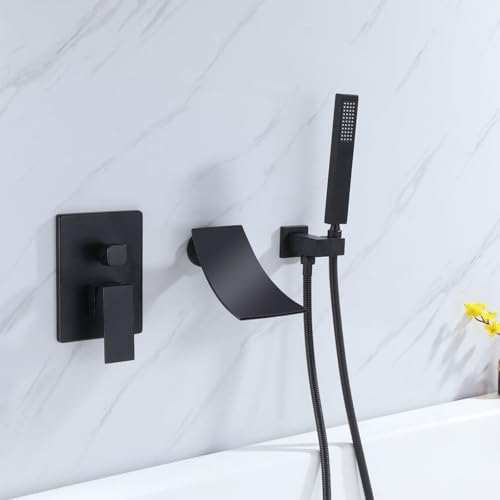 BiaoTeng 滝 埋め込み 風呂 蛇口 シャワー付き 壁 2機能 温水 冷水 真鍮 浴槽 蛇口 シャワー 黒