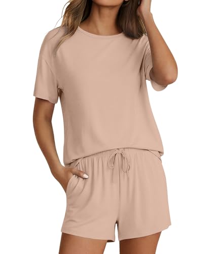 Image of Ekouaer Pajama Set for Women Viscose from Bamboo Short Sleeve Tops and Shorts Set 2 Piece Lounge Set