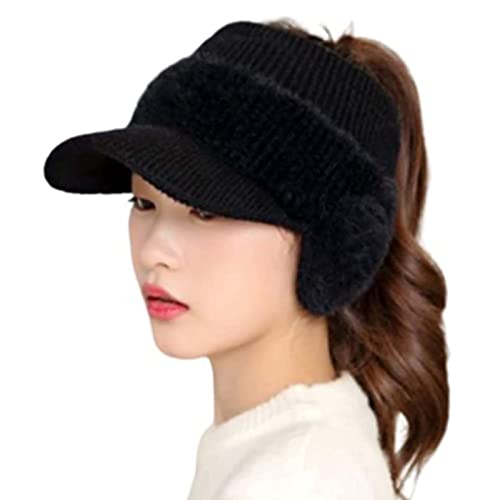 FOLENZU Women's Fashion Ear Guard Knit Cap, Winter Fleece Ponytail Hat Baseball with Earflap, Thick Warm Windproof Ear Protection Cap, Caps with Drop Down Ear Warmer, Outdoor Hairs Bun Beanie Hats Cover