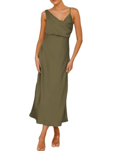 Image of Summer Satin Cowl Neck Midi Dress for Women 2026 Elegant Formal Silk Spaghetti Strap Backless Wedding Guest Dresses Olive