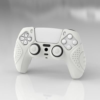 eXtremeRate PlayVital Guardian Edition White Ergonomic Soft Anti-Slip Controller Silicone Case Cover for ps5, Rubber Protector Skins with White Joystick Caps for ps5 Controller