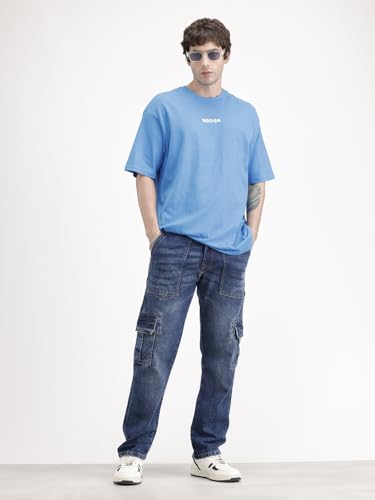 Image of WROGN Men's Cotton Stretch Cargo Jeans | Solid | Straight Fit