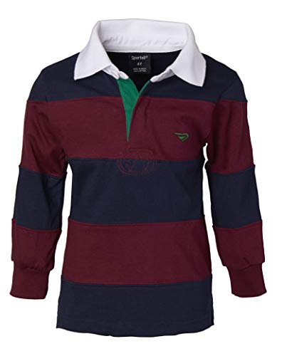 Sportoli Little Boys 100% Cotton Wide Striped Long Sleeve Polo Rugby Shirt - Burgundy (Size 3)